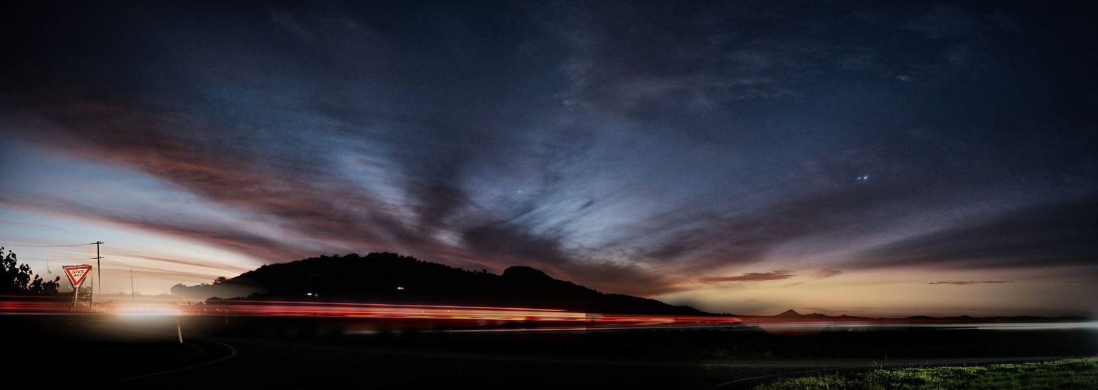 Mt Ninderry at twilight, light trails